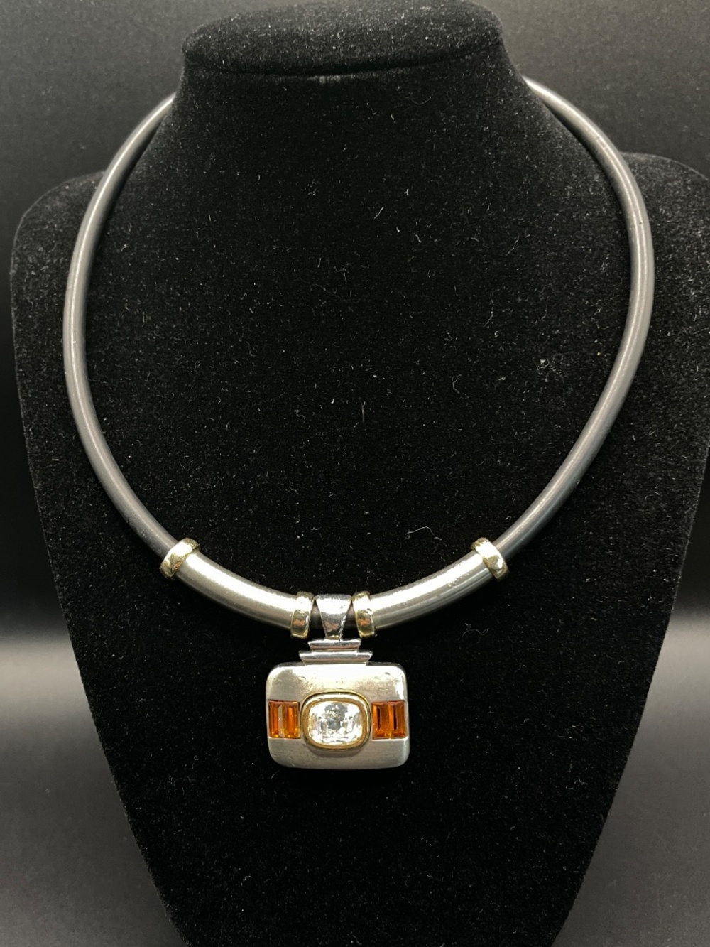 Vintage David Grau Two Tone Crystal Black Cord Choker Necklace